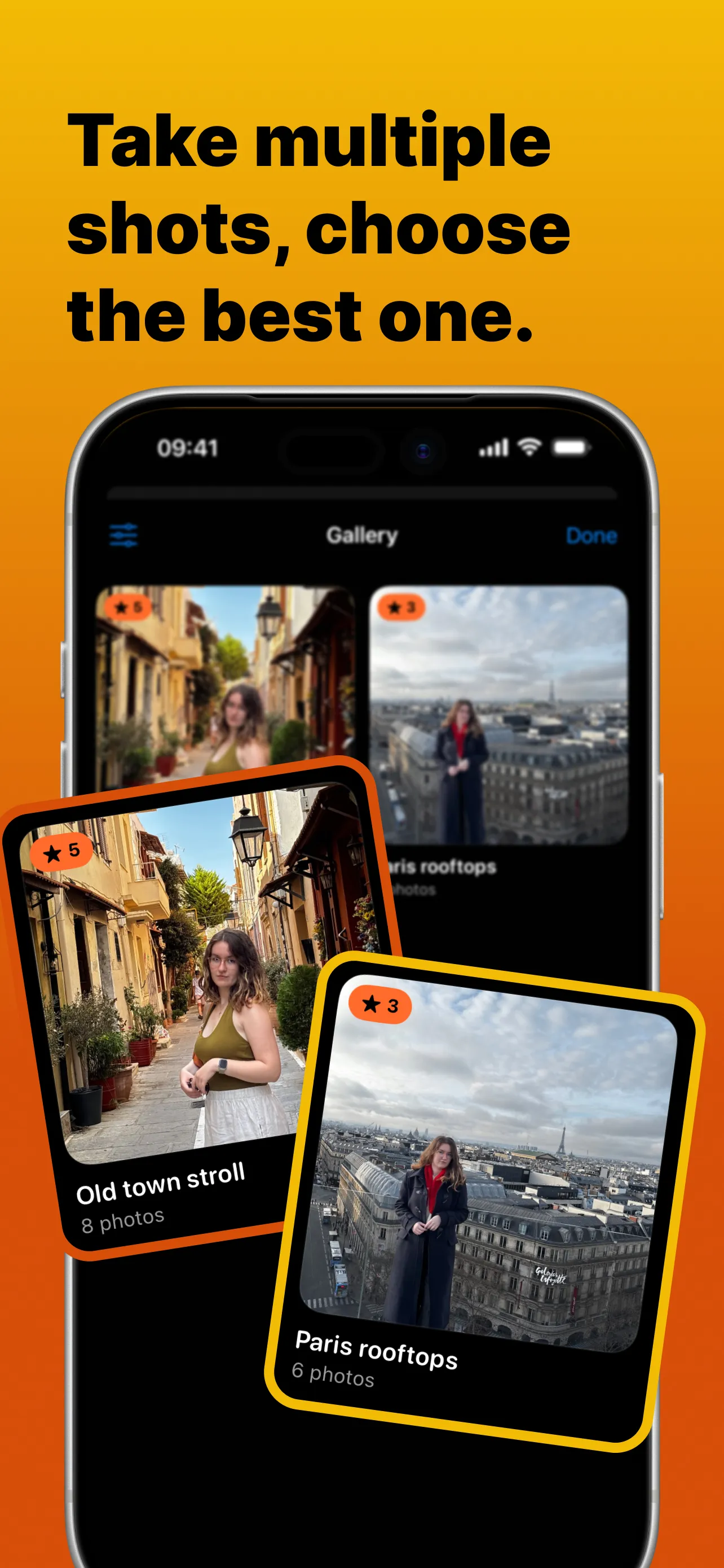 QuickBurst albums screen: take multiple shots, choose the best one