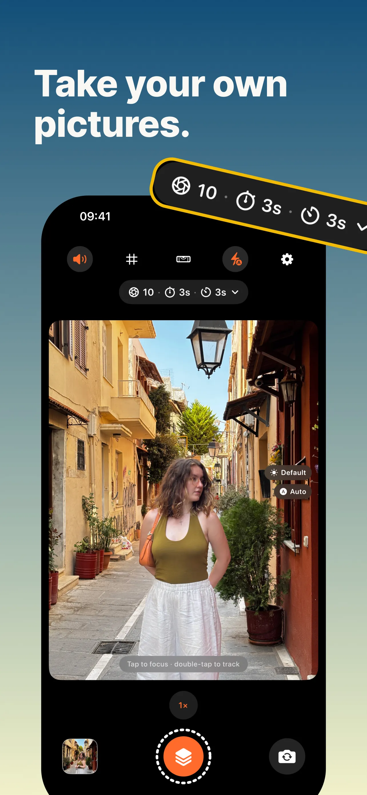 QuickBurst capture screen: take your own pictures hands-free