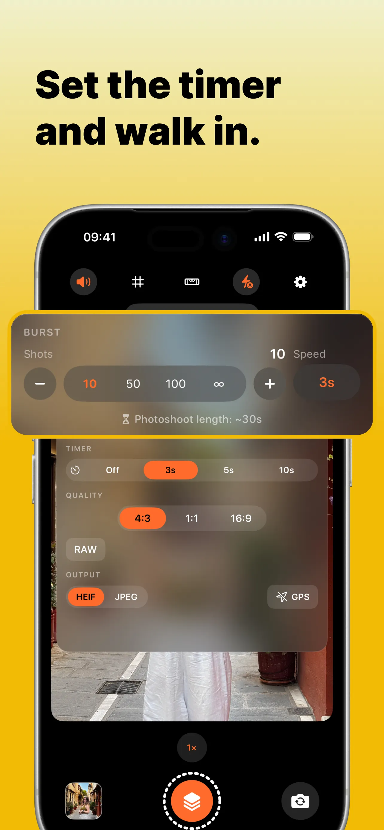 QuickBurst timer screen: set the timer and walk in
